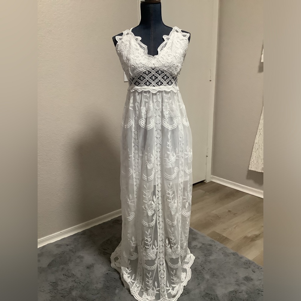Rebellion Again Elegant White Boho Lace Maxi V-Neck Dress Women's X-Large